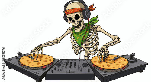 Skeleton DJ Mixing Beats from Beyond the Grave