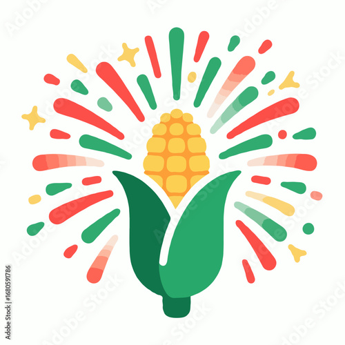 Vibrant illustration of a corn cob with a festive firework burst, symbolizing a cultural food festival or harvest celebration