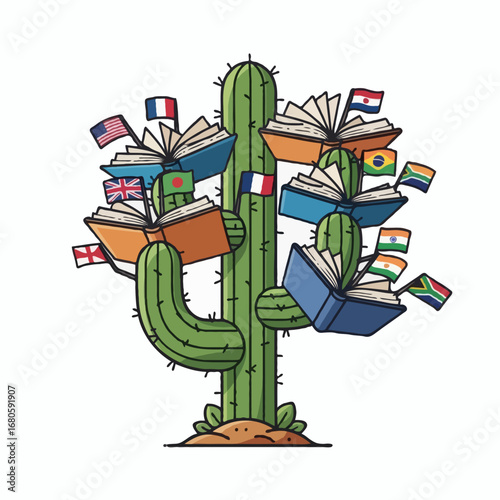 Cactus Tree of Worldly Knowledge Illustrated Books Adorned with International Flags