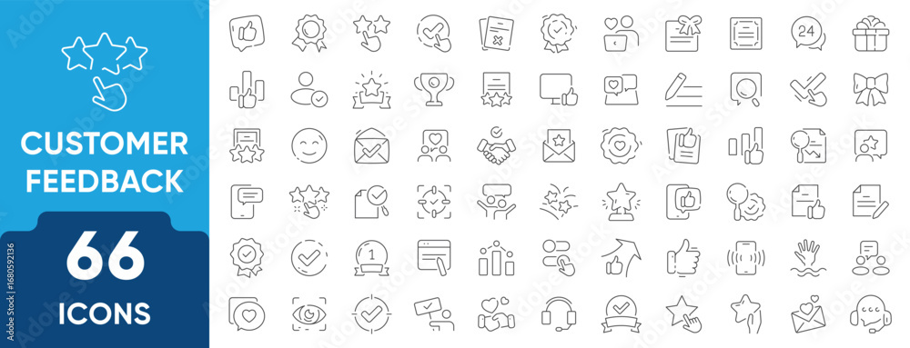 © 66-Icons - Customer Satisfaction Line Icon Set. Set of 66 outline icons including happy clients, feedback, reviews, rating stars, loyalty, testimonials, and support. Editable stroke. Linear vector illustration. © 66-Icons - Customer Satisfaction Line Icon Set. Set of 66 outline icons including happy clients, feedback, reviews, rating stars, loyalty, testimonials, and support. Editable stroke. Linear vector illustration.
