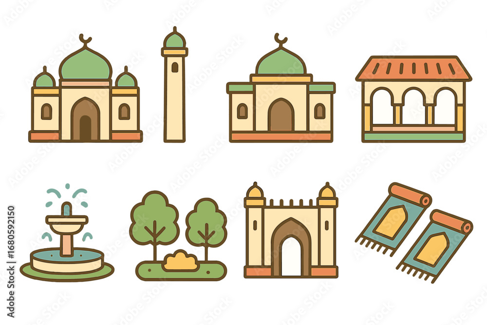 Obraz premium Colorful Mosque Icons. Flat vector mini-illustrations mosque complex in colors children's illustrations: main mosque building,