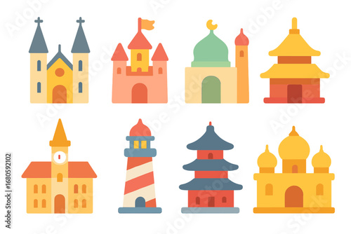 Colorful Landmark Icons. Flat vector mini-illustrations spires and buildings in colors children's illustrations: cathedral, castle