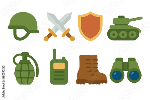 Colorful Military Icons. Flat vector mini-illustrations combat in colors children's illustrations: soldier helmet, crossed swords,