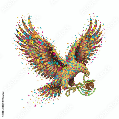 A majestic eagle with a snake in its talons, created with a vibrant and colorful confetti particle effect
