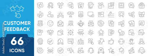 Customer Satisfaction Line Icon Set. Set of 66 outline icons including happy clients, feedback, reviews, rating stars, loyalty, testimonials, and support. Editable stroke. Linear vector illustration.