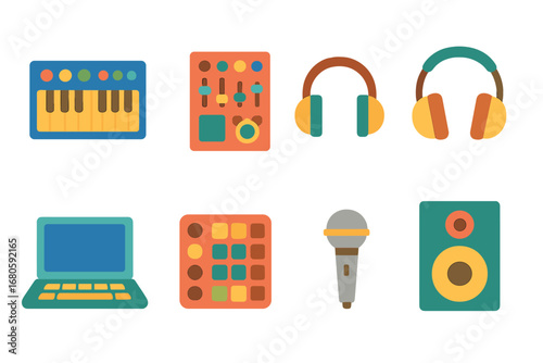 Colorful Music Gear. Flat vector mini-illustrations electronic music gear in colors children's illustrations: synthesizer, mixer,
