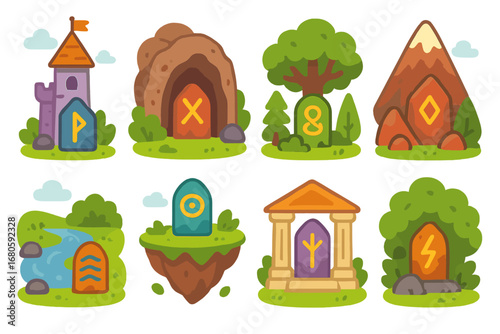 Colorful Runes in Fantasy. Flat vector mini-illustrations ancient runes symbols in colors children's illustrations: runes with