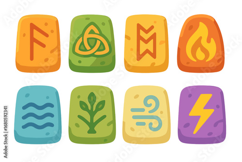 Colorful Runes in Fantasy. Flat vector mini-illustrations ancient runes symbols in colors children's illustrations: runes with