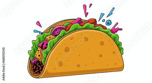 Creative pop art illustration of a delicious taco with vibrant ingredients. Isolated Mexican food vector graphic design element
