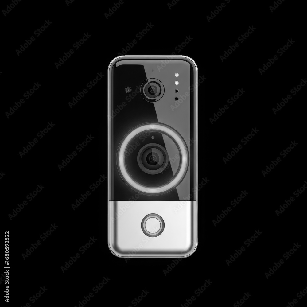 Fototapeta premium Modern smart doorbell with camera and button, isolated on black background
