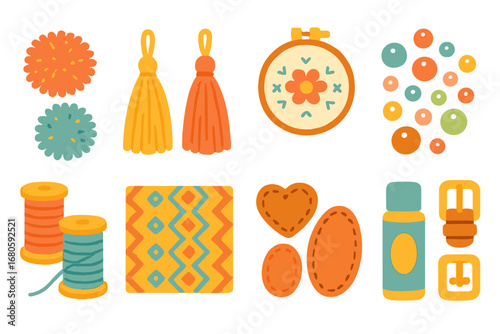 Colorful Shoe Care Icons. Flat vector mini-illustrations decorative elements in colors children's illustrations: pom-poms, tassels