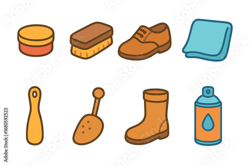 Colorful Shoe Care Icons. Flat vector mini-illustrations shoe care in colors children's illustrations: shoe polish tin, polishing