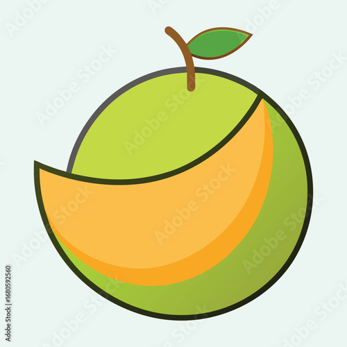 Stylized light green apple fruit with slice, stem and leaf illustration