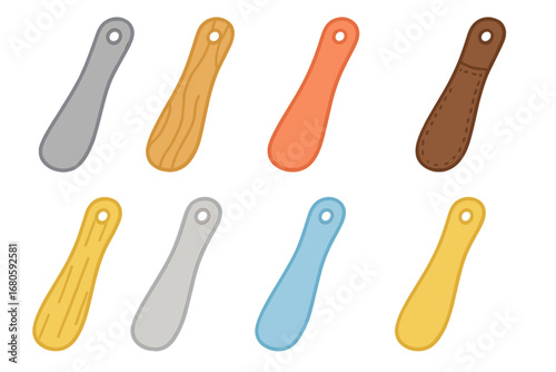 Colorful Shoehorn Collection. Flat vector mini-illustrations shoehorn materials in colors children's illustrations: metal shoehorn