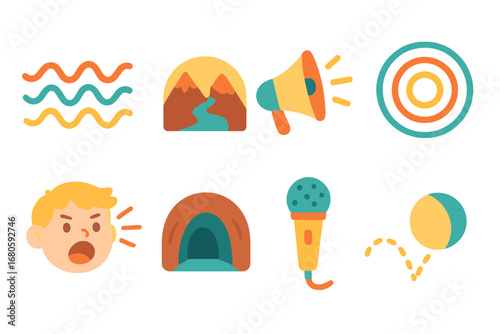 Colorful Sound Wave Icons. Flat vector mini-illustrations echo in colors children's illustrations: sound waves, mountain canyon,