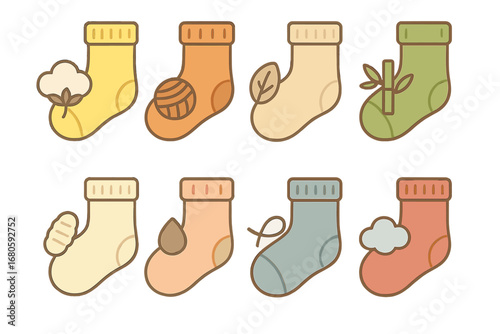 Colorful Sock Materials. Flat vector mini-illustrations sock materials in colors children's illustrations: cotton sock, wool sock,