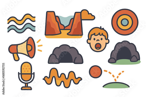 Colorful Sound Wave Icons. Flat vector mini-illustrations echo in colors children's illustrations: sound waves, mountain canyon,