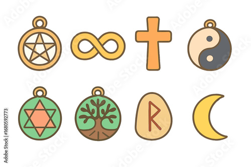 Colorful Symbol Grid. Flat vector mini-illustrations talismans and symbols in colors children's illustrations: pentagram charm,