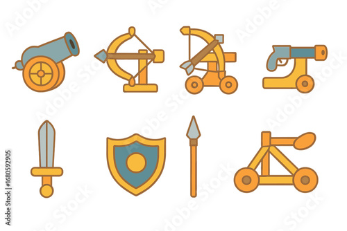 Colorful Weapon Icons. Flat vector mini-illustrations turret weapons in colors children's illustrations: cannon, crossbow,