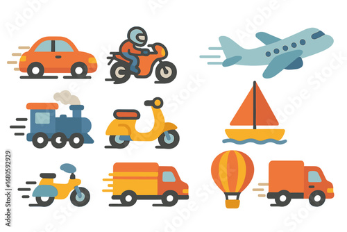 Colorful Vehicle Icons. Flat vector mini-illustrations vehicle motion in colors children's illustrations: speeding car, racing