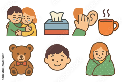 Comforting Icons Grid. Flat vector mini-illustrations crying support in colors children's illustrations: comforting hug, tissue