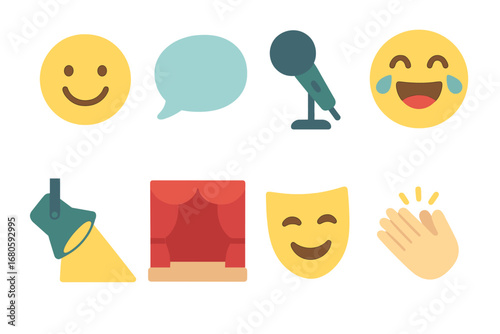 Comedy Show Icons. Flat vector mini-illustrations punchline in colors children's illustrations: smiling face, speech bubble,
