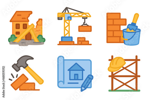 Construction Site Icons. Flat vector mini-illustrations collapse and rebuilding in colors children's illustrations: construction