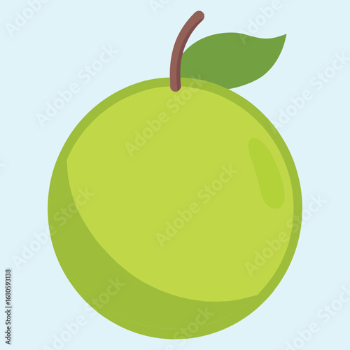A cartoon illustration of a bright green apple with a leaf