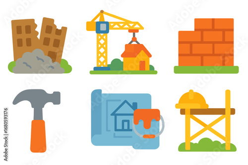 Construction Site Icons. Flat vector mini-illustrations collapse and rebuilding in colors children's illustrations: construction