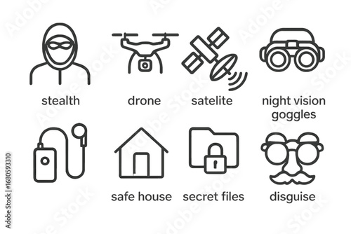 Covert Operations Icons. Outline icon set of covert operations: stealth, drone, satellite, night vision goggles, bugging device,