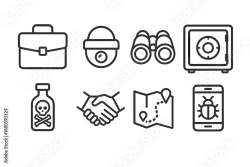Covert Action Icons. Outline icon set of covert actions: briefcase, hidden camera, binoculars, safe, poison vial, secret handshake