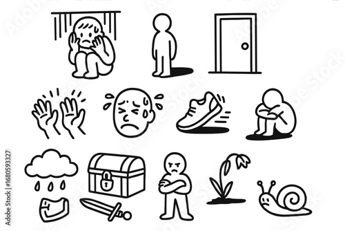 Cowardice Symbols. Hand-drawn doodle illustration cowardice hiding figure, shadow, closed door, trembling hands, sweating face,