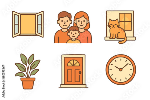 Cozy Home Icons. Flat vector mini-illustrations presence at home in colors children's illustrations: open window, family members,