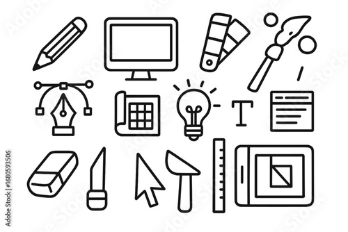 Craft Tools Doodle. Hand-drawn doodle illustration crafting workspace scissors, glue bottle, paintbrush, yarn ball, knitting