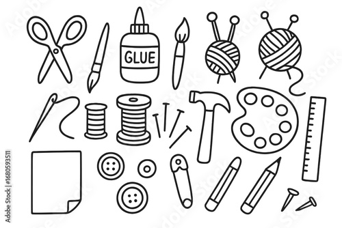 Crafting Tools Doodle. Hand-drawn doodle illustration craft scissors, glue bottle, paintbrush, yarn ball, knitting needles, sewing