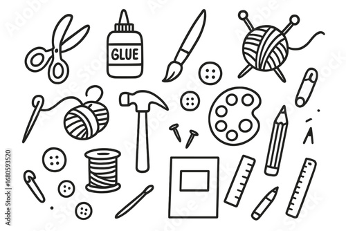 Crafting Tools Doodle. Hand-drawn doodle illustration craft scissors, glue bottle, paintbrush, yarn ball, knitting needles, sewing