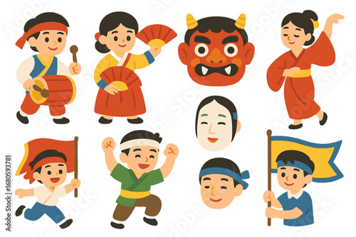Cultural Procession Icons. Flat vector mini-illustrations cultural procession in colors children's illustrations: traditional