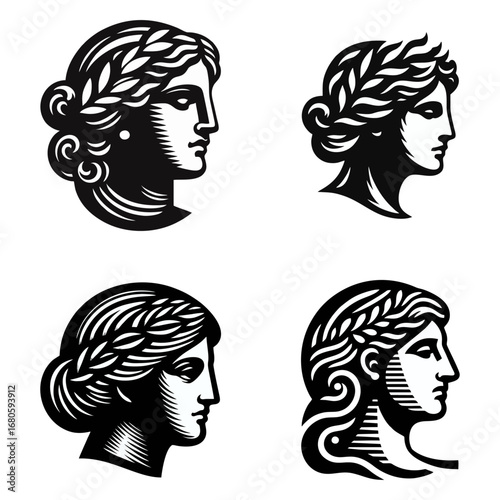 Classical Greek Roman Female Head Profiles with Laurel Wreaths. Iconic Goddess Silhouette Vector Set.