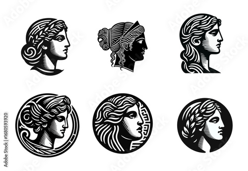 Classical Greek Mythology Female Profile Illustrations Set