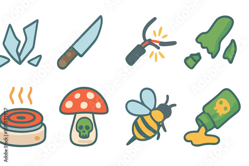 Dangerous Objects Grid. Flat vector mini-illustrations dangerous objects in colors children's illustrations: broken glass, sharp