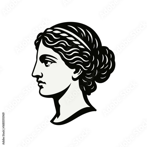 Classical Female Head Profile Illustration, Ancient Greek Roman Goddess Bust Art