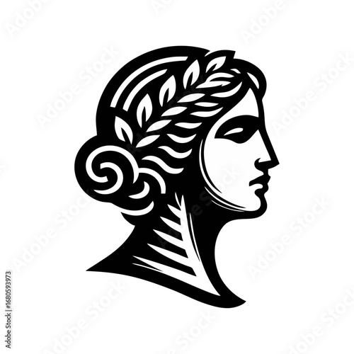 Stylized Classical Woman Profile with Laurel Wreath - Black and White Vector Icon