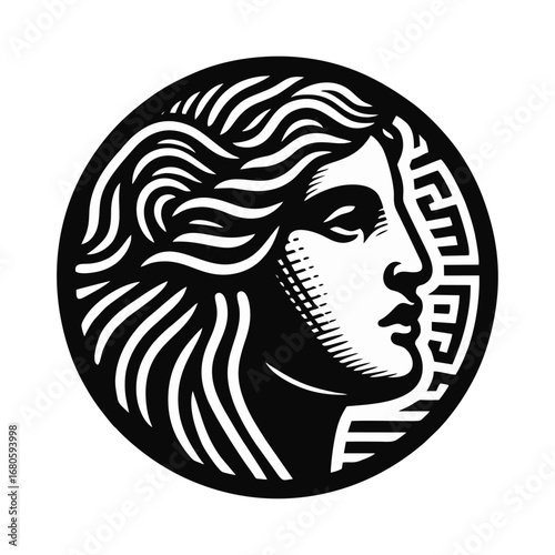 Classical Greek Goddess Profile Illustration with Meander Pattern in Circular Frame