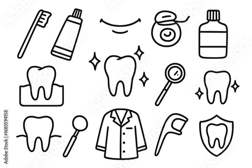 Dental Care Doodles. Hand-drawn doodle illustration dental care toothbrush, toothpaste, tooth, floss, mouthwash, smile icon,