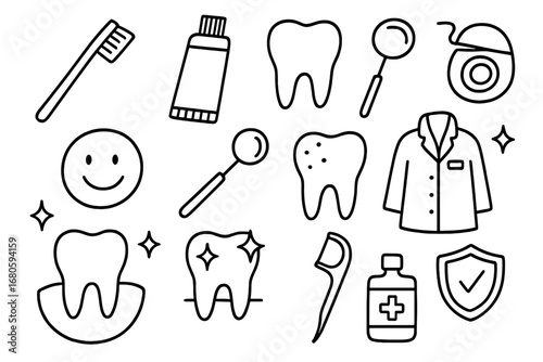 Dental Care Doodles. Hand-drawn doodle illustration dental care toothbrush, toothpaste, tooth, floss, mouthwash, smile icon,