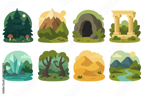 Adventure Quest Icons. Flat vector mini-illustrations quest landscapes in colors children's illustrations: dark forest, mountain