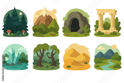 Adventure Quest Icons. Flat vector mini-illustrations quest landscapes in colors children's illustrations: dark forest, mountain