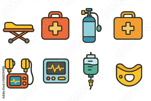Ambulance Equipment Icons. Flat vector mini-illustrations ambulance equipment in colors children's illustrations: stretcher,