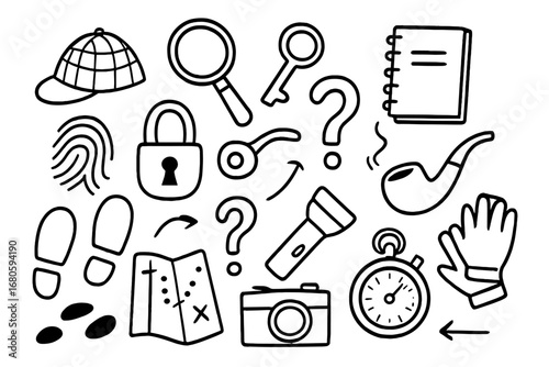 Detective Tools Icons. Hand-drawn doodle illustration detective clue detective hat, magnifying glass, notebook, fingerprint, key,