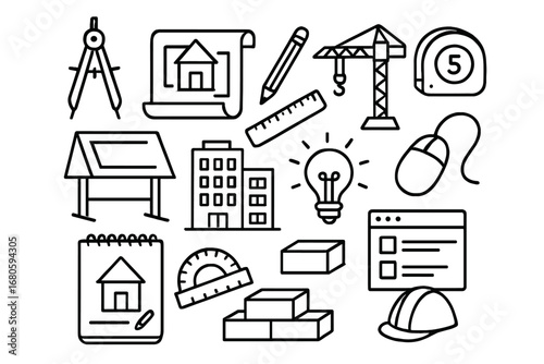 Architectural Design Tools. Hand-drawn doodle illustration architectural design blueprint, compass, ruler, pencil, drafting table,